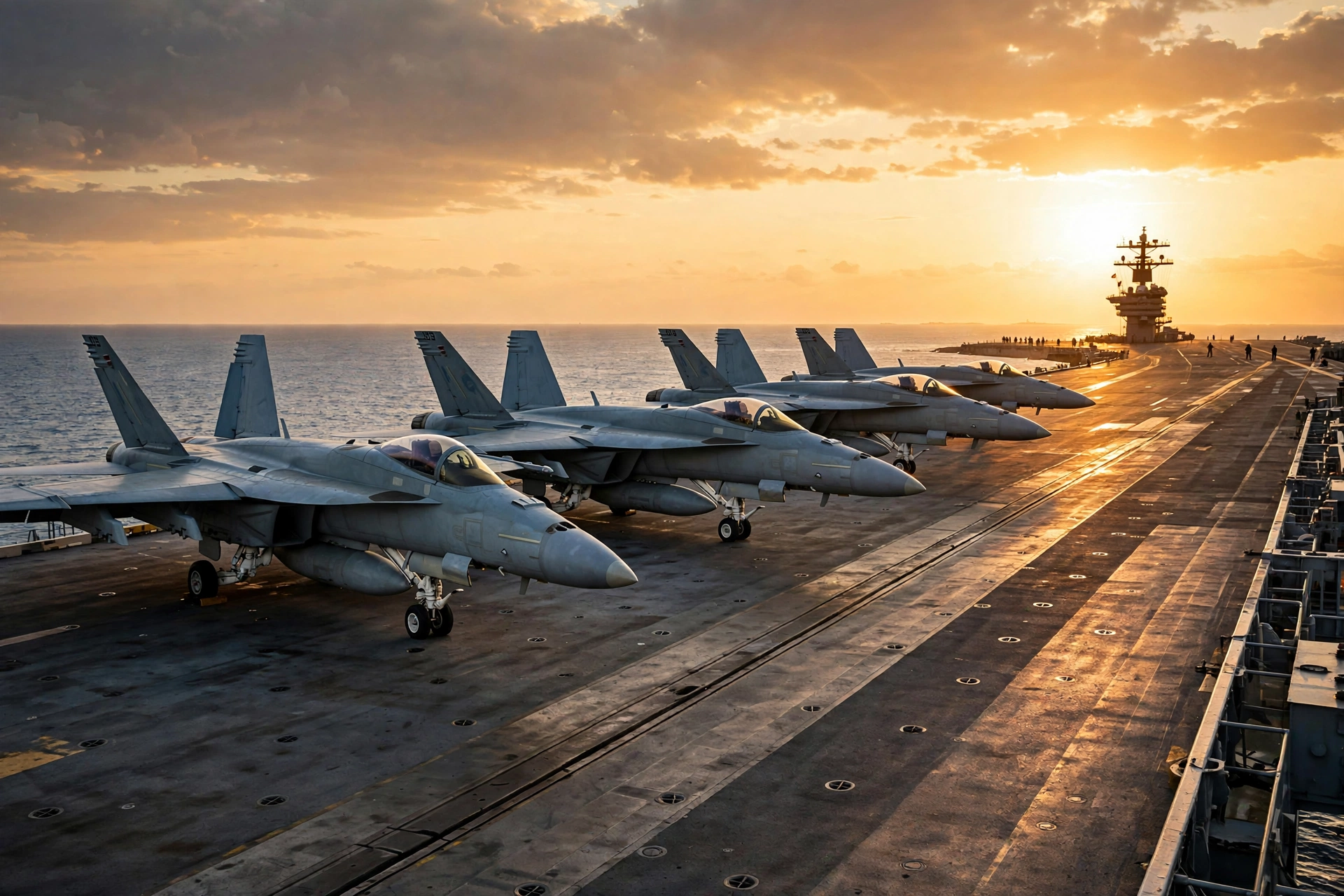Fighter jets parked on a U.S. Navy aircraft carrier deck at golden hour related to the Boeing F/A-XX contract for naval aviation