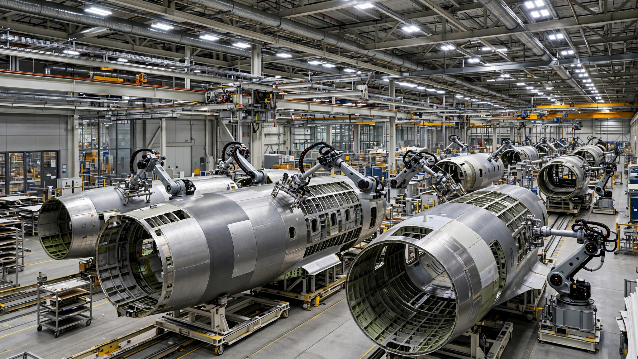 Modern aerospace manufacturing facility with aircraft assembly supporting Boeing F/A-XX contract production in St. Louis