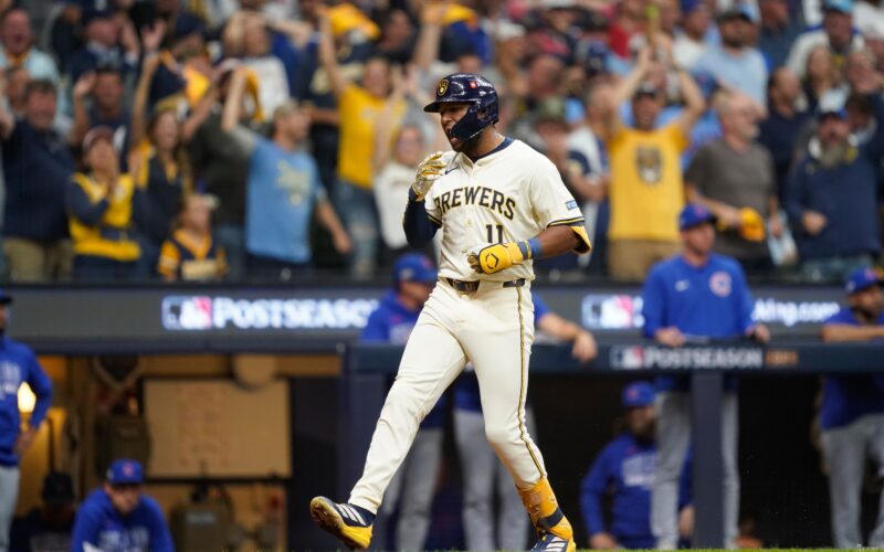 Jackson Chourio celebrates during the Brewers Padres NLDS Game 2 walk-off win