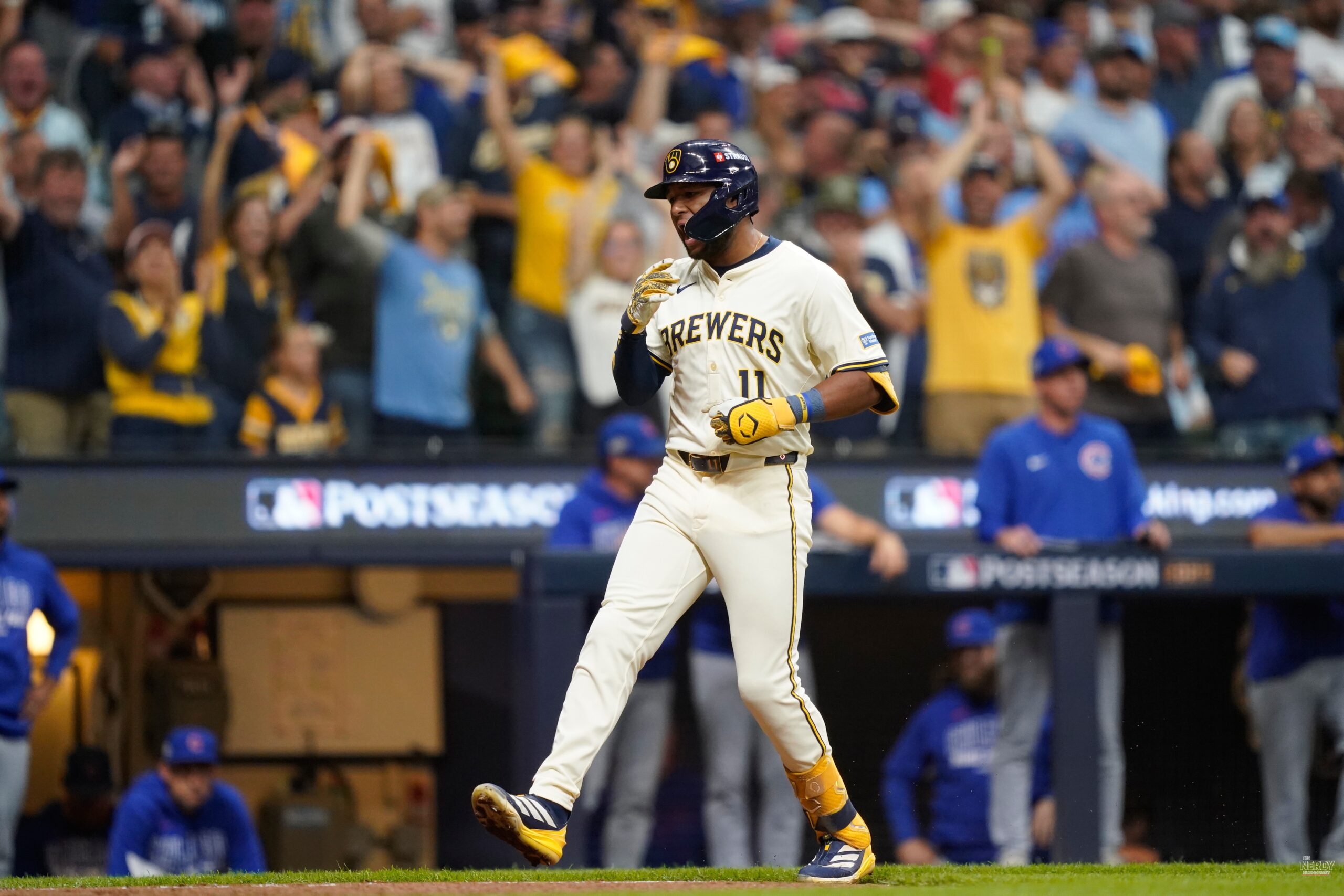 Jackson Chourio celebrates during the Brewers Padres NLDS Game 2 walk-off win