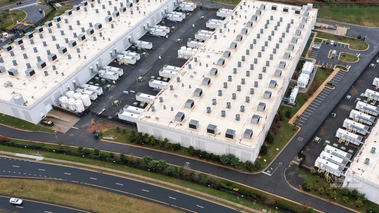 Aerial view of an AWS data center campus in Virginia