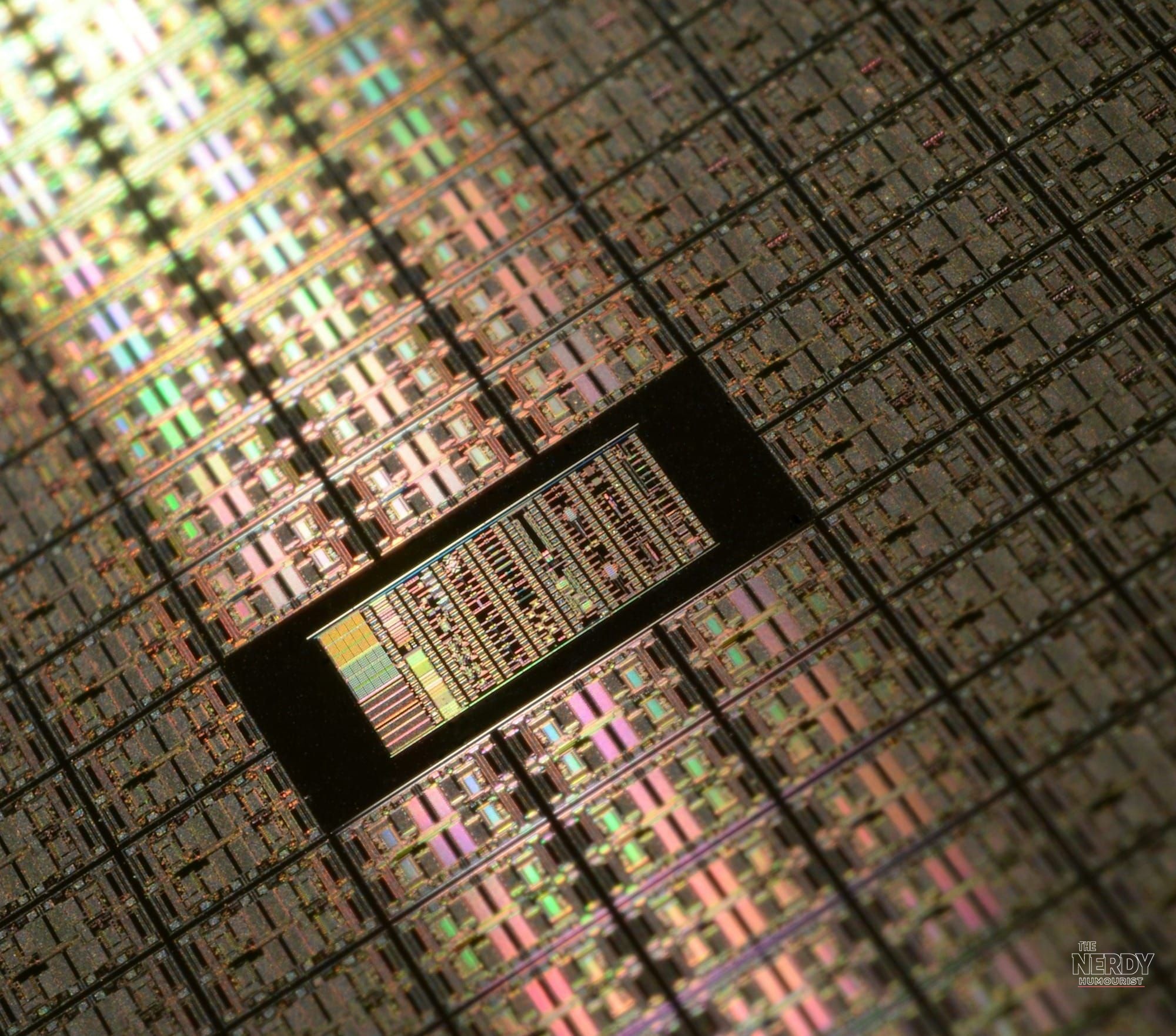 Close-up of a semiconductor chip wafer