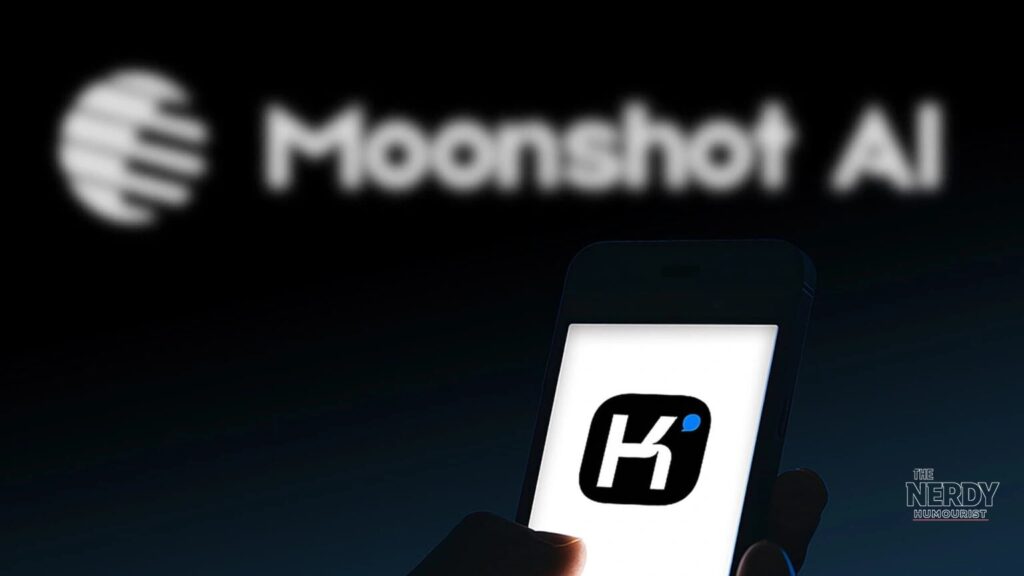 The Kimi AI app on a phone against a Moonshot AI backdrop, amid the OpenAI Moonshot AI model distillation allegations