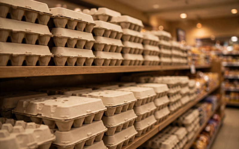 Supermarket egg aisle with rows of egg cartons illustrating Cal-Maine Foods earnings collapse as egg prices plunge