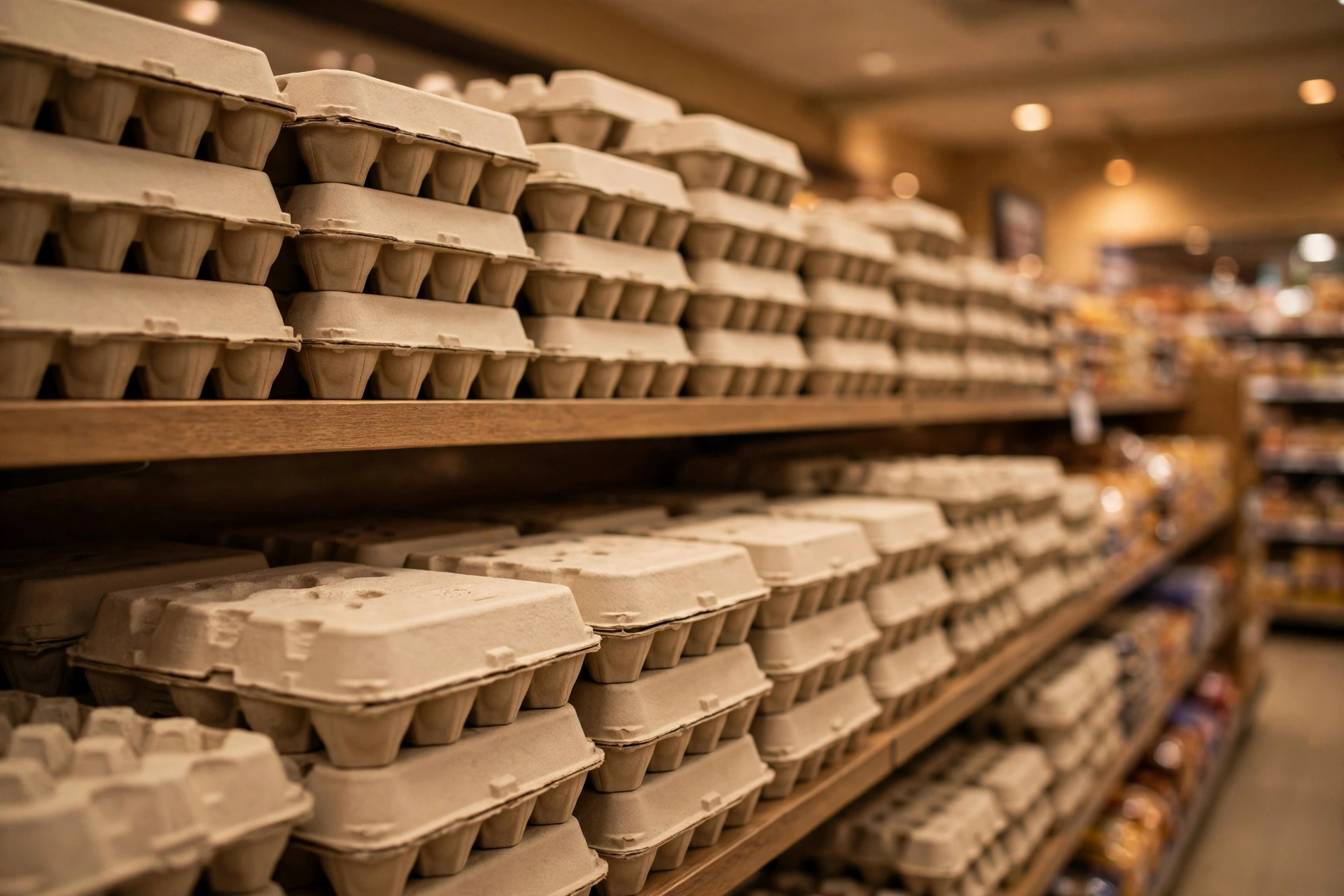 Supermarket egg aisle with rows of egg cartons illustrating Cal-Maine Foods earnings collapse as egg prices plunge