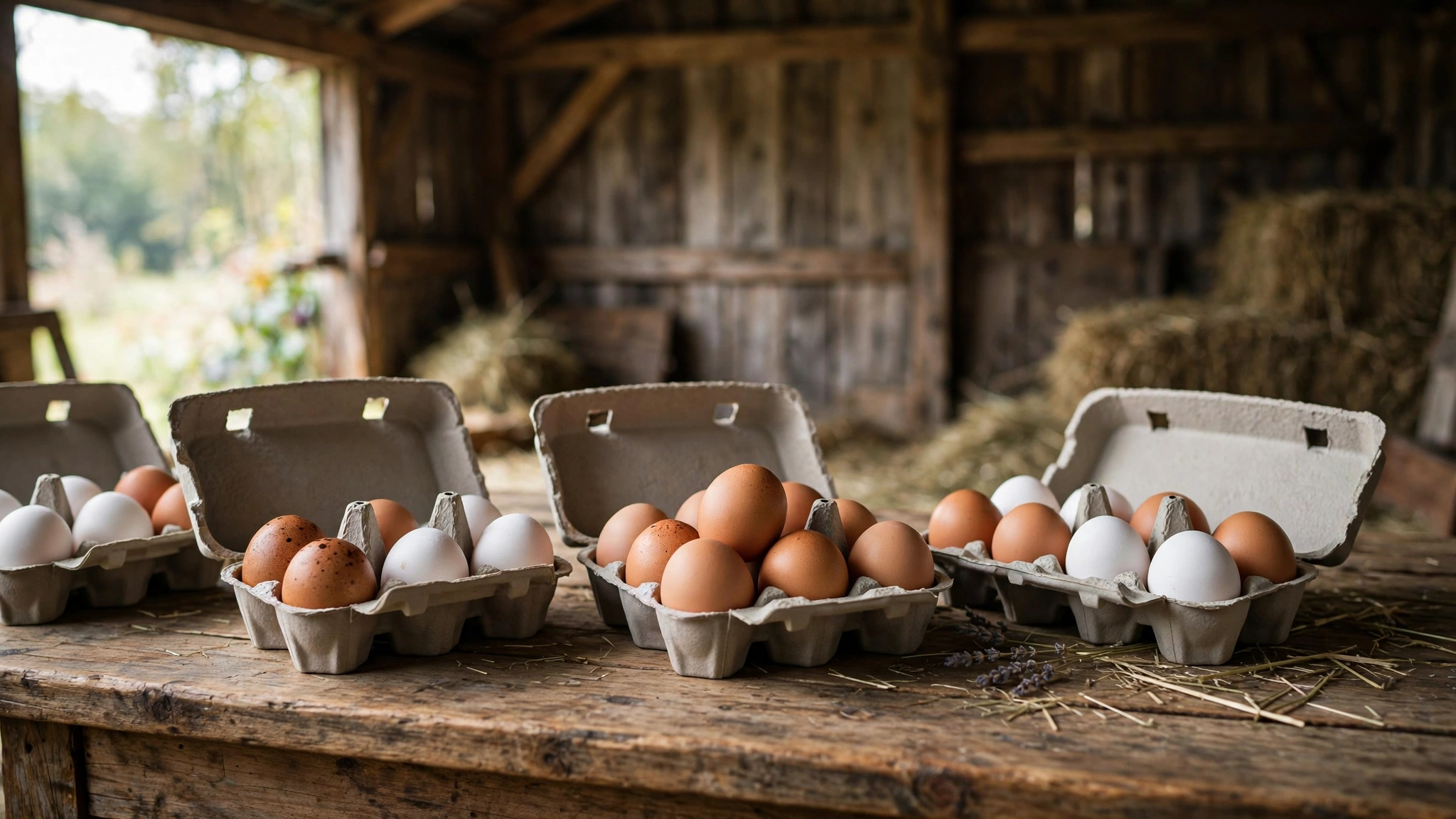 Brown and white eggs in open cartons on a rustic farm table showing the commodity behind Cal-Maine Foods earnings