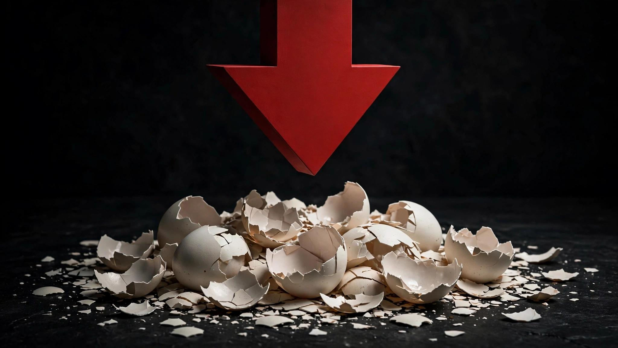Concept of falling egg prices with a downward red arrow over eggshells reflecting the Cal-Maine Foods earnings loss