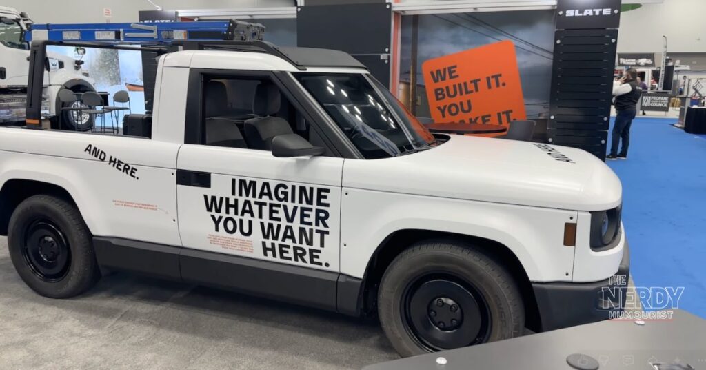 Slate Auto electric truck on display with customizable body panels