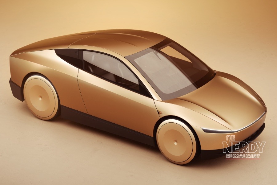 Gold Tesla Cybercab robotaxi three-quarter view