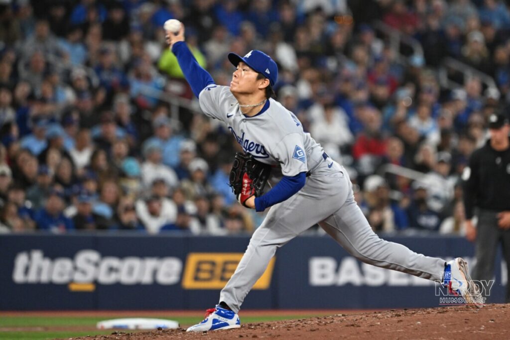 Yoshinobu Yamamoto pitching for the Dodgers in Dodgers Braves NLDS Game 3