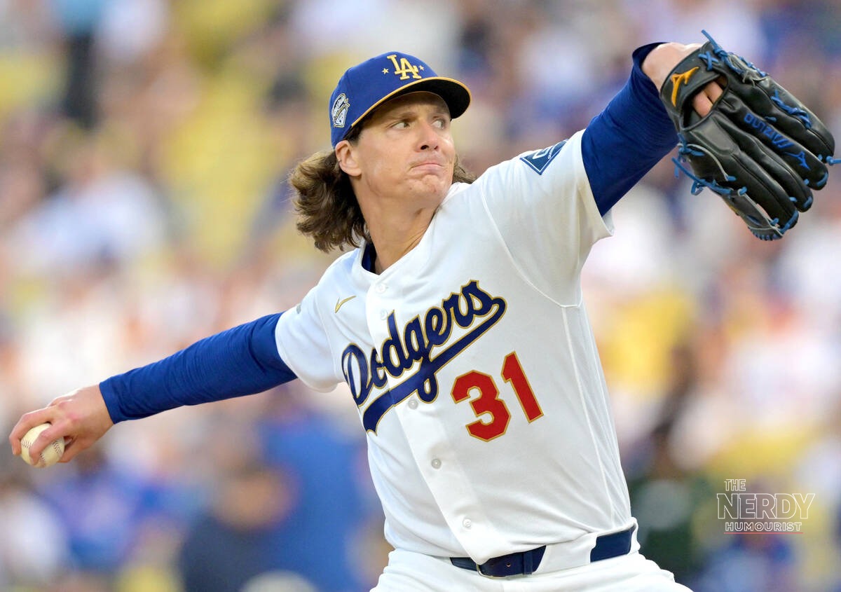 Tyler Glasnow pitching for the Los Angeles Dodgers at Dodger Stadium during the NLCS Game 4 between the Dodgers and Brewers