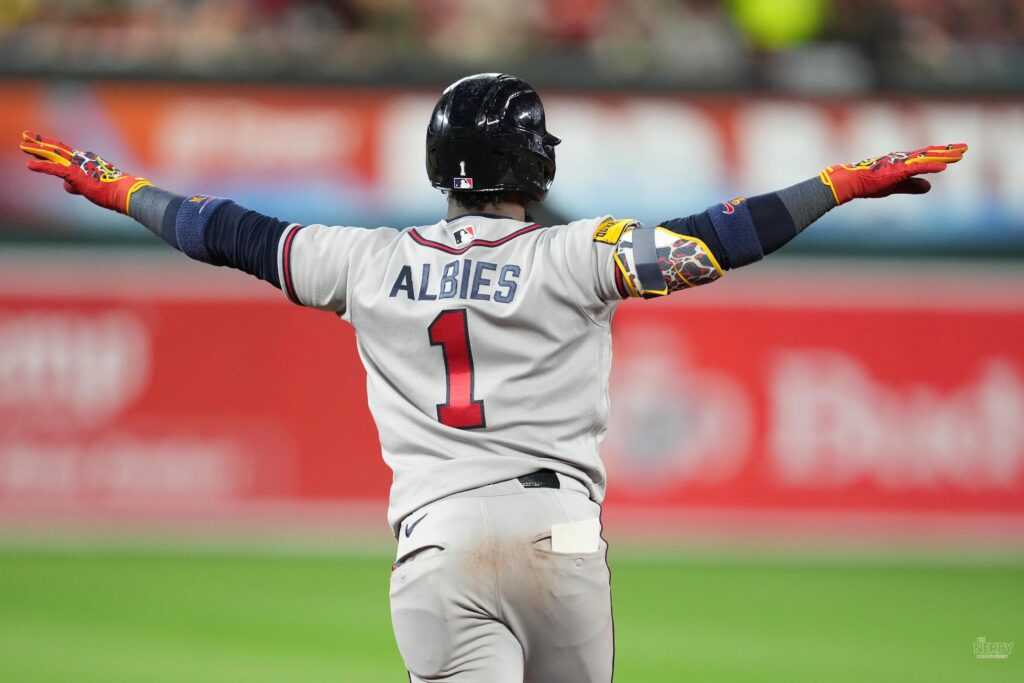 Ozzie Albies celebrates for the Braves in the Braves Phillies Game 3 series