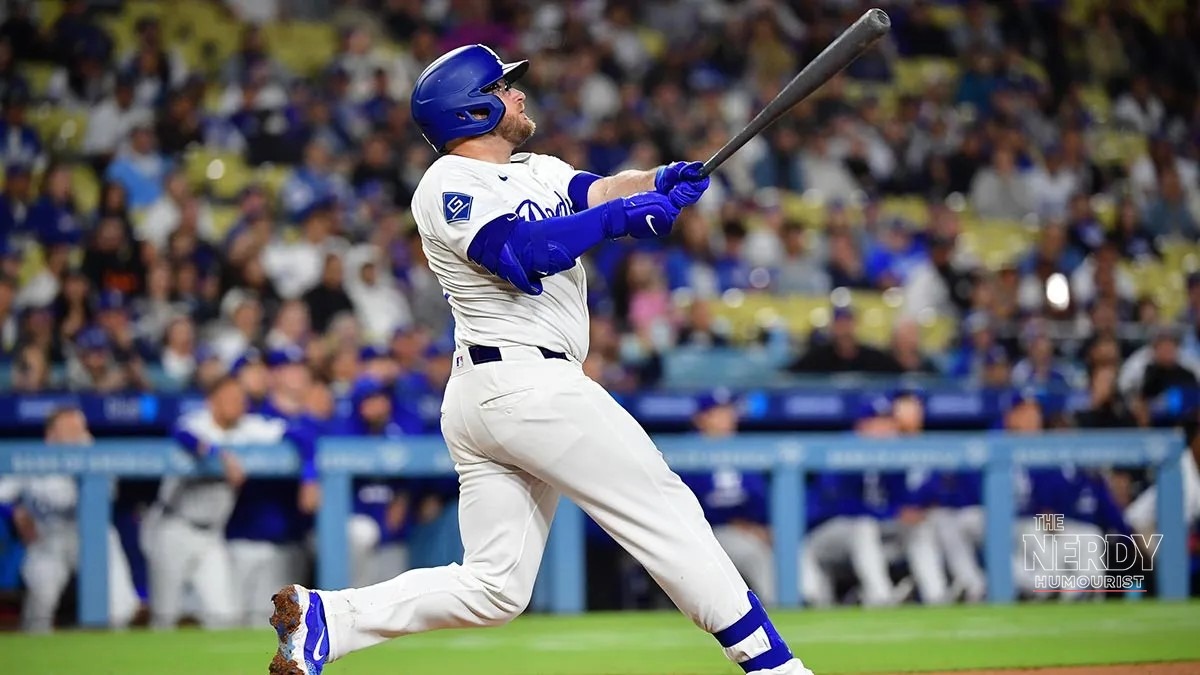 Max Muncy swings for the Dodgers in the Dodgers vs Braves NLDS Game 1 win