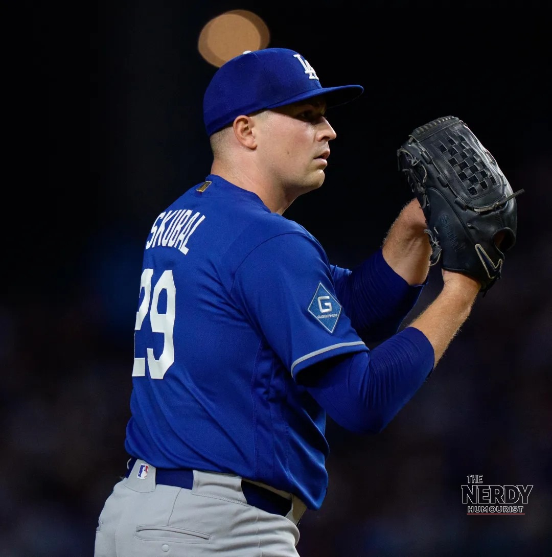 Tarik Skubal in Dodgers home blue after his Dodgers vs Braves NLDS Game 1 start