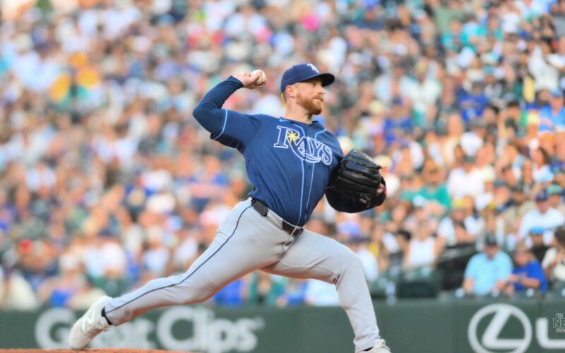 Drew Rasmussen delivers a pitch for the Tampa Bay Rays in ALCS Game 5, leading the Rays past the Guardians 3-1