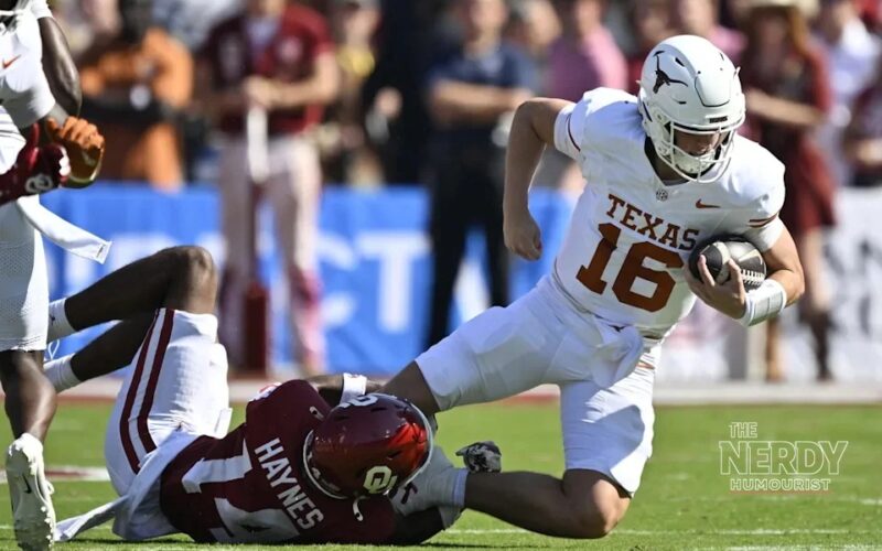 Oklahoma's Trystan Haynes tackles Texas quarterback Arch Manning in the Oklahoma Texas Red River Rivalry upset at the Cotton Bowl