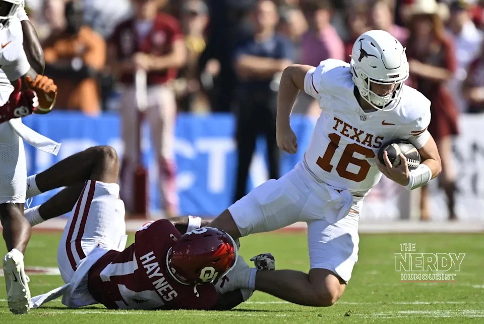 Oklahoma's Trystan Haynes tackles Texas quarterback Arch Manning in the Oklahoma Texas Red River Rivalry upset at the Cotton Bowl