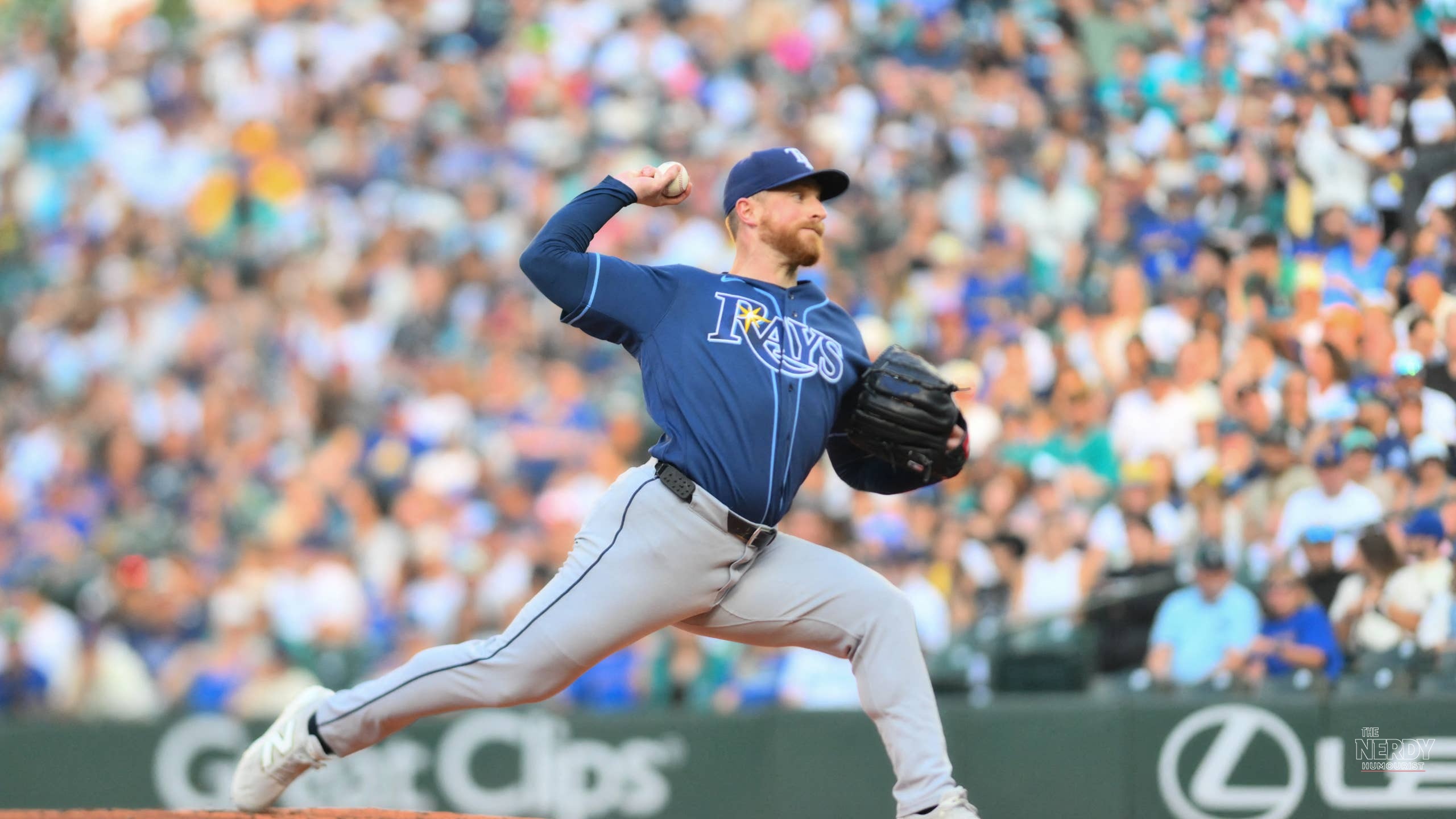 Drew Rasmussen delivers a pitch for the Tampa Bay Rays in ALCS Game 5, leading the Rays past the Guardians 3-1
