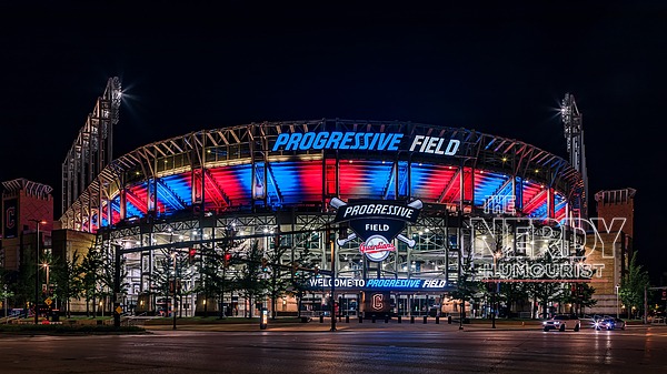 Progressive Field in Cleveland at night, home of the Guardians White Sox Game 5 ALDS decider