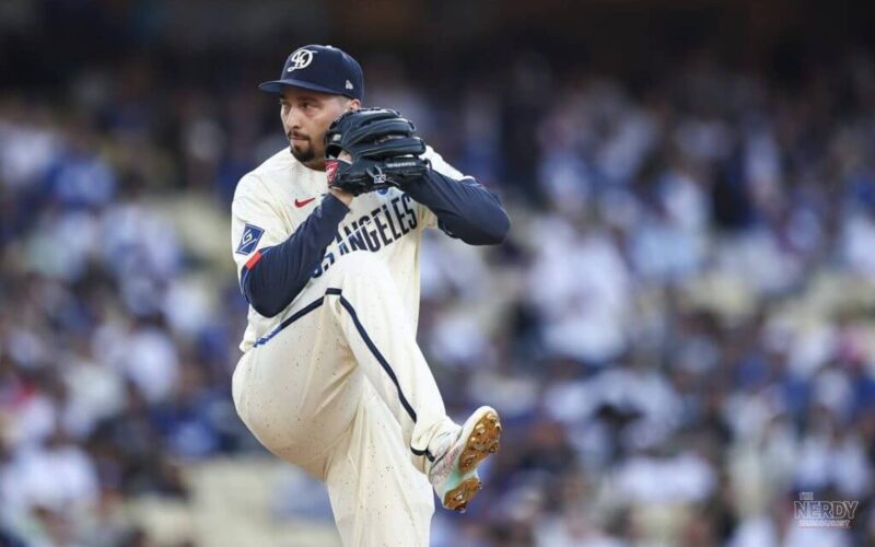 Blake Snell pitching for the Los Angeles Dodgers at Dodger Stadium