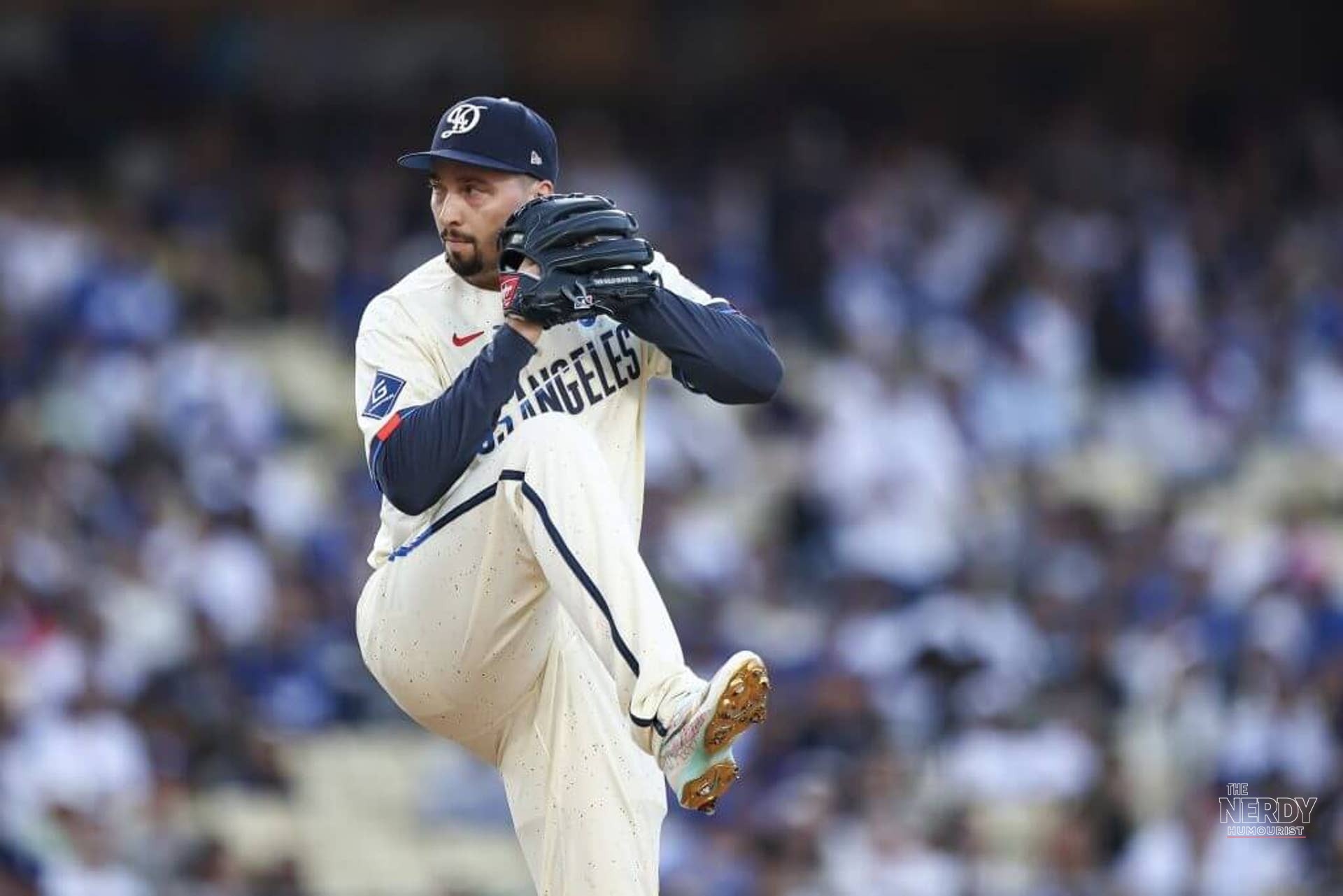 Blake Snell pitching for the Los Angeles Dodgers at Dodger Stadium