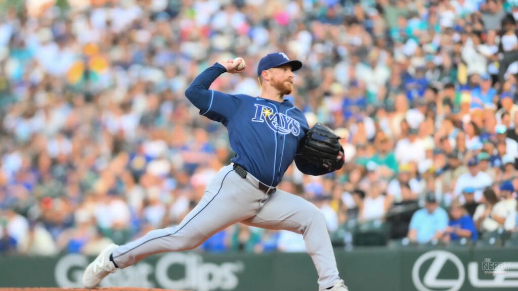 A Tampa Bay Rays pitcher delivers during a 2026 regular-season game as the Rays Guardians ALCS begins in Tampa.