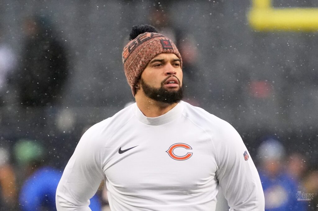 Caleb Williams on the field during the Chicago Bears' NFL Week 6 results win over the Falcons