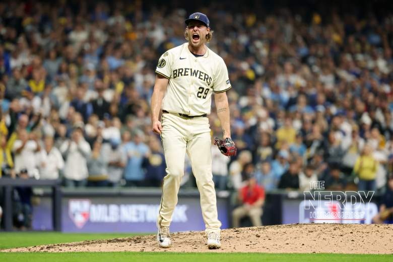 A Milwaukee Brewers pitcher celebrates on the mound at American Family Field