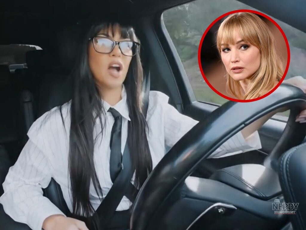 Kourtney Kardashian reacts in her car as Jennifer Lawrence's 'annoying' comment airs