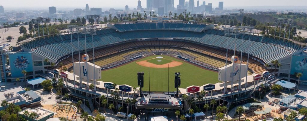 Aerial view of Dodger Stadium, site of the Tarik Skubal Dodgers Game 1 NLDS start