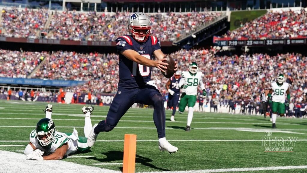 Patriots quarterback Drake Maye runs with the ball ahead of the Patriots vs Bills Sunday Night Football game