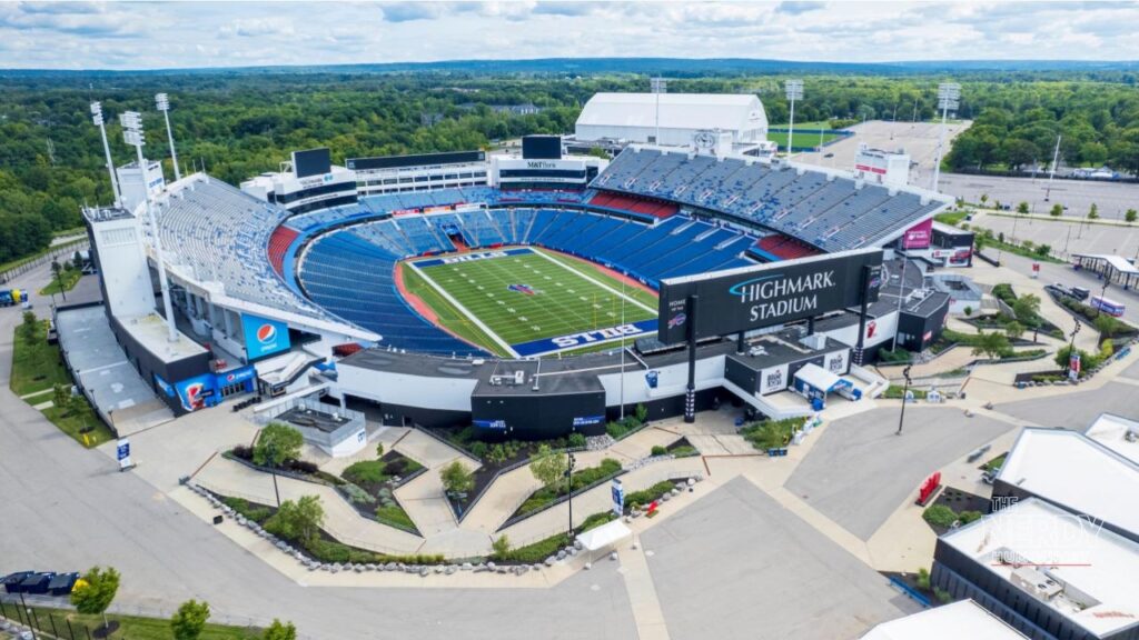 Aerial view of Highmark Stadium in Orchard Park, host of the Patriots vs Bills Sunday Night Football game