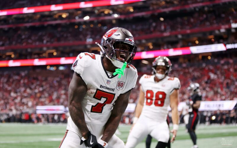 Bucky Irving celebrates after the Buccaneers beat Cowboys 24-16 on Thursday Night Football