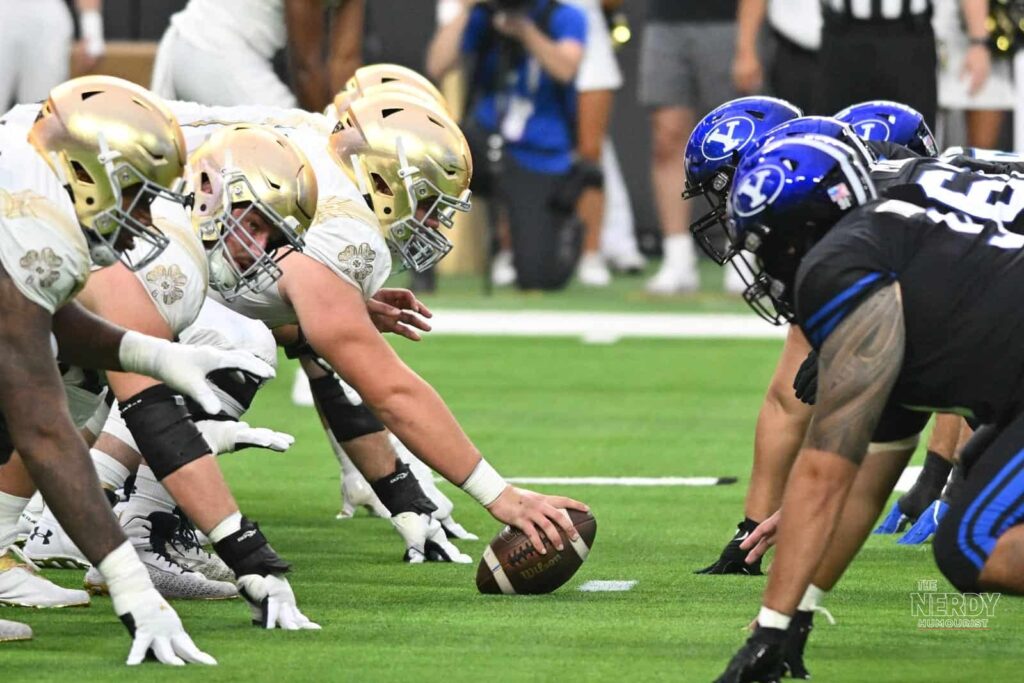 BYU and Notre Dame linemen at the line of scrimmage, the win that sent BYU to No. 2 in the AP Top 25 poll