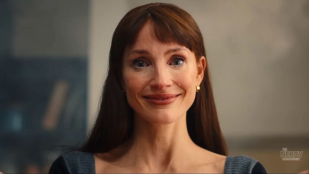 Jessica Chastain with an unsettling wide-eyed smile in the Other Mommy Jessica Chastain movie