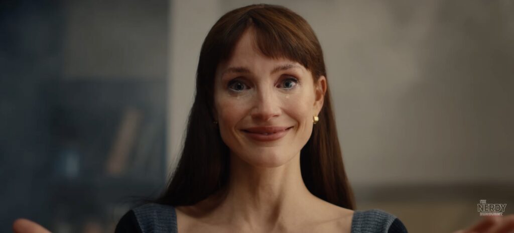 Jessica Chastain gestures in the Other Mommy Jessica Chastain movie, playing dual roles
