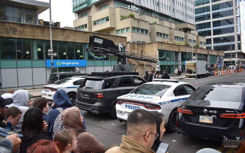 Spider-Man: Brand New Day filming in Glasgow in 2025 (file photo) — camera rig, police cars and crew on the production set —