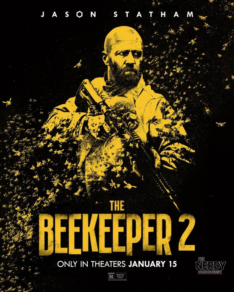 Official The Beekeeper 2 poster: Jason Statham in black-and-yellow artwork with bees swarming