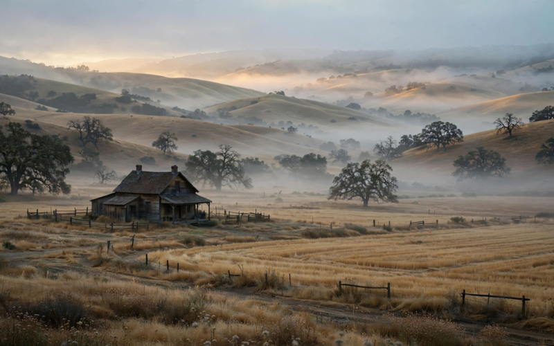Golden California farmland at dawn with a farmhouse, illustrating the East of Eden Netflix series premiere