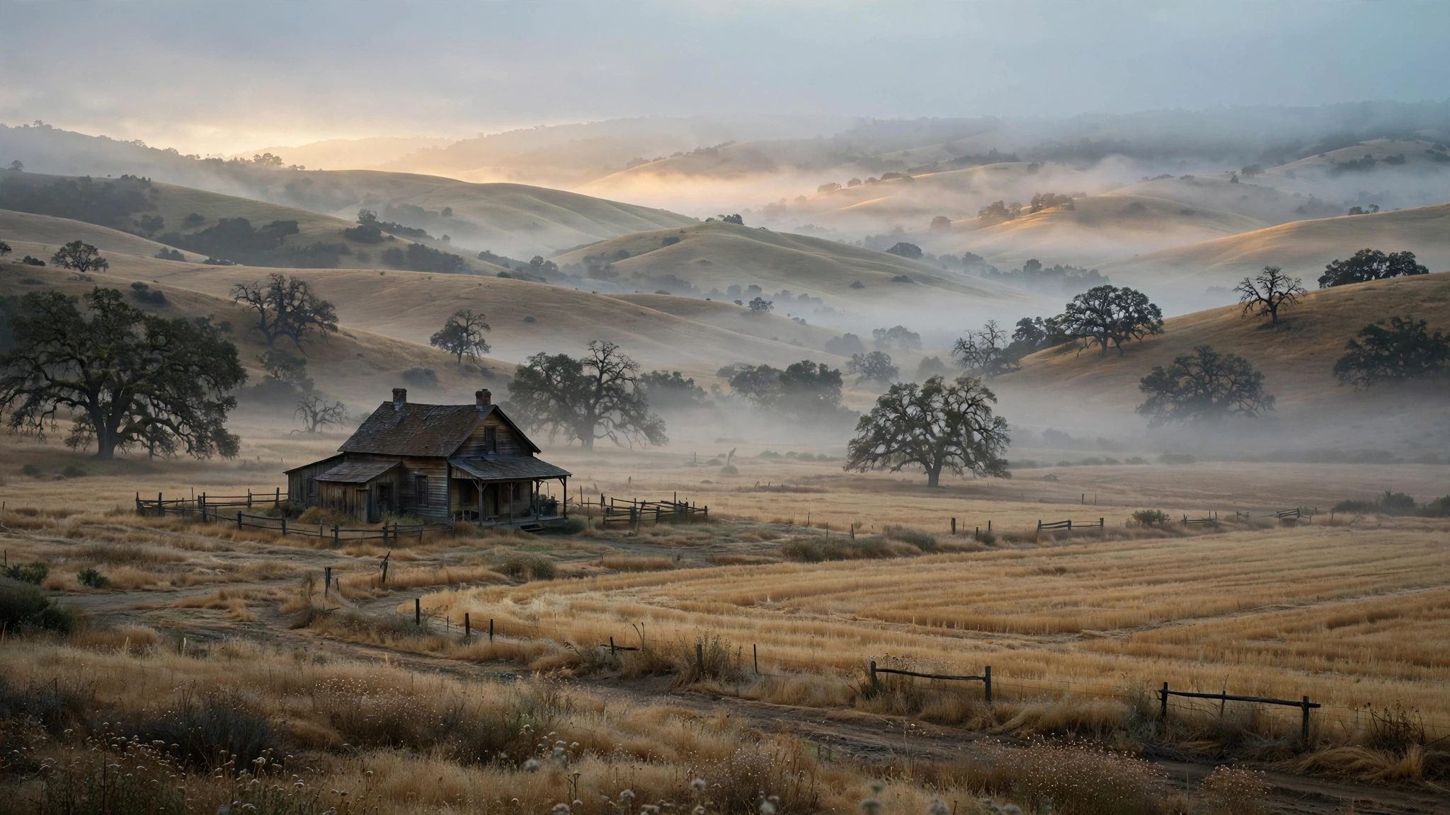 Golden California farmland at dawn with a farmhouse, illustrating the East of Eden Netflix series premiere