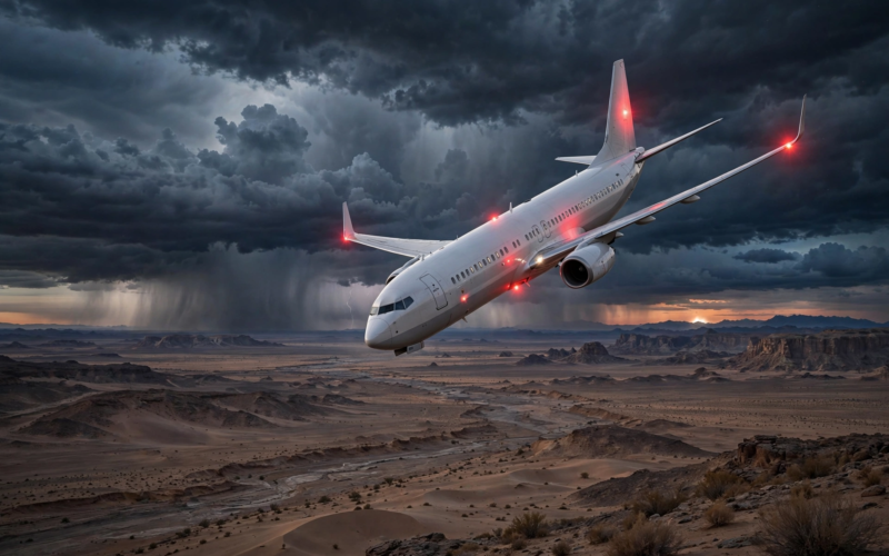 FlyDubai cockpit attack emergency landing — commercial airliner descending over desert at dawn with emergency lights, FlyDubai FZ1073 aviation incident