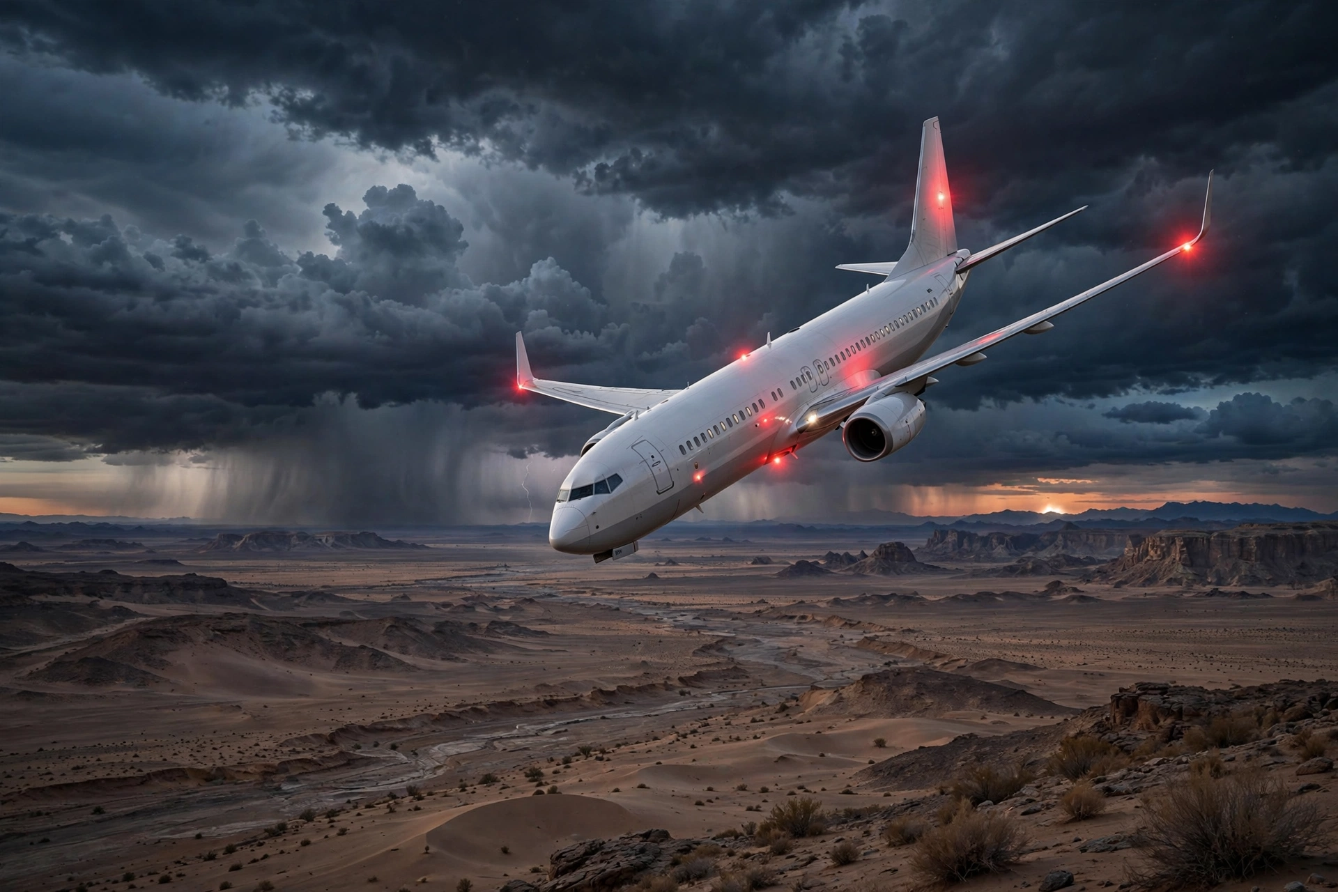 FlyDubai cockpit attack emergency landing — commercial airliner descending over desert at dawn with emergency lights, FlyDubai FZ1073 aviation incident