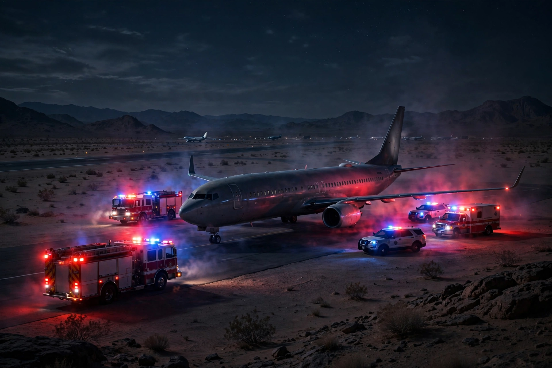 Commercial jet on a Saudi Arabian airport runway at night surrounded by emergency vehicles after the FlyDubai cockpit attack
