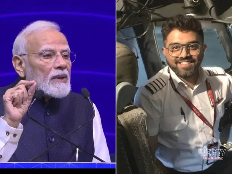 Prime Minister Modi and a pilot in a cockpit — Flydubai FZ1073 hero pilot Smit Machchhar