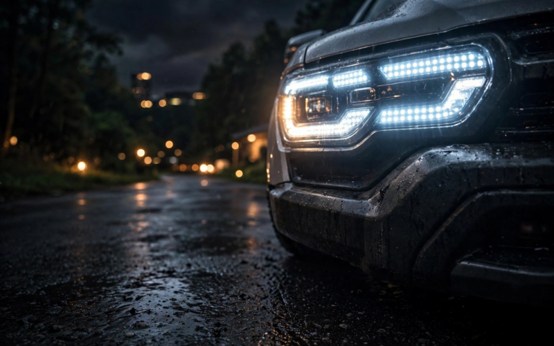 Pickup truck LED headlights glowing at night in Ford Expedition recall headlights alert