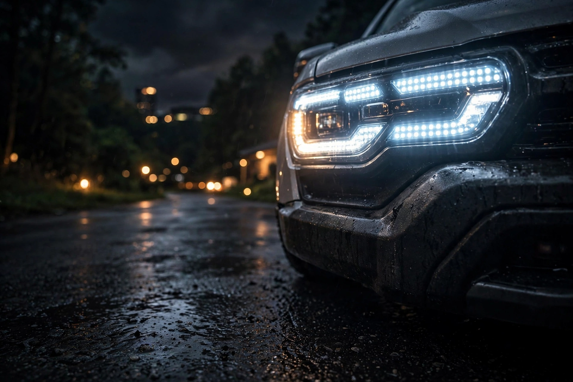 Pickup truck LED headlights glowing at night in Ford Expedition recall headlights alert