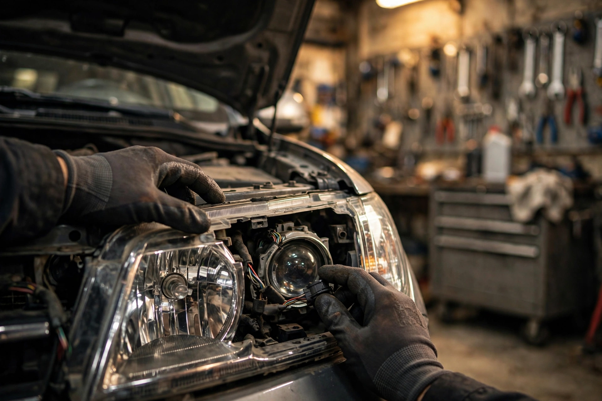 Mechanic inspecting headlight assembly under the hood during Ford Expedition recall headlights service