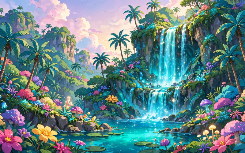 Forgotten Island box office flop inspired tropical animated island scene with glowing waterfall