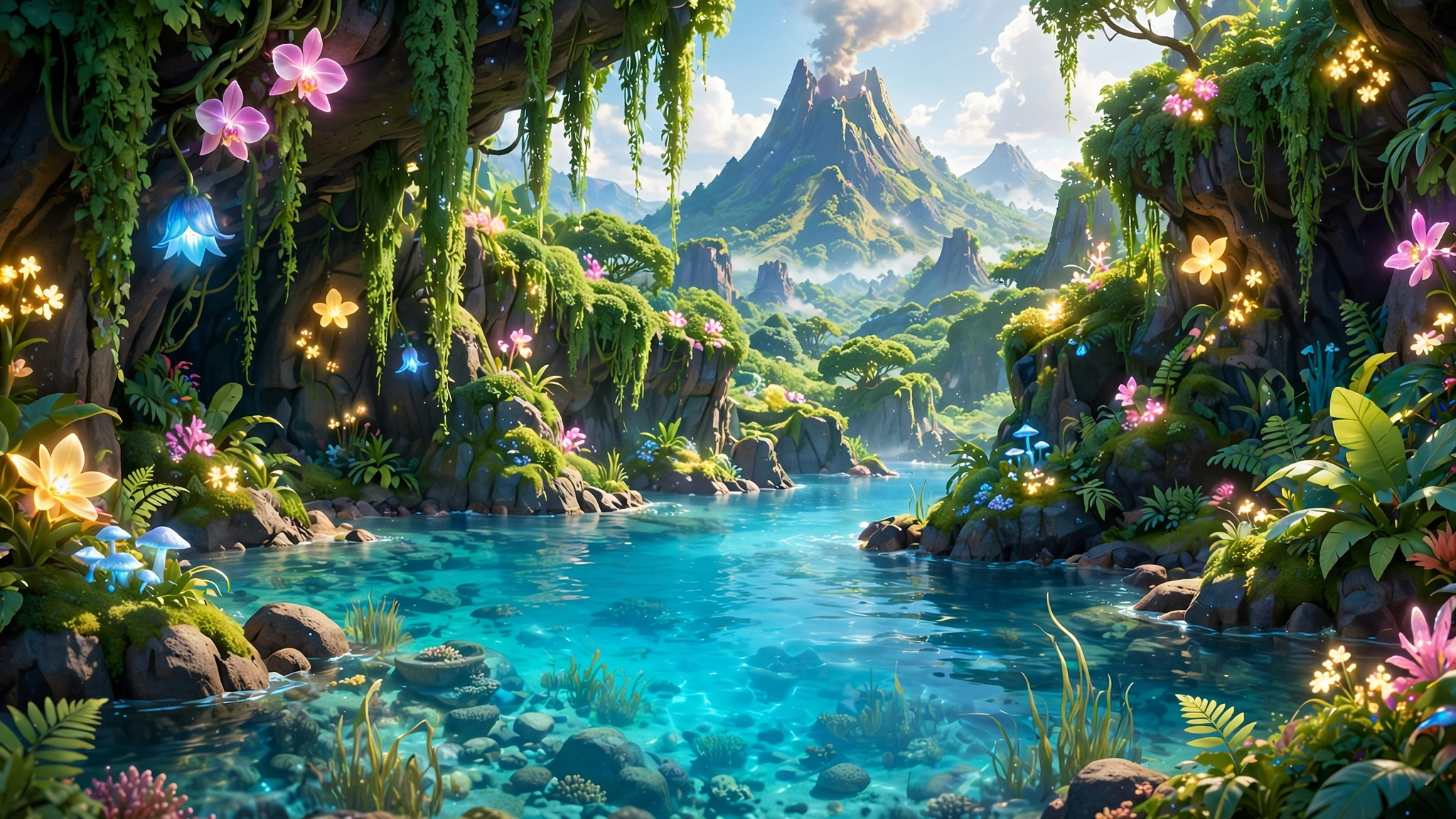 Lush magical island from Forgotten Island with palm trees and vibrant colors for box office story