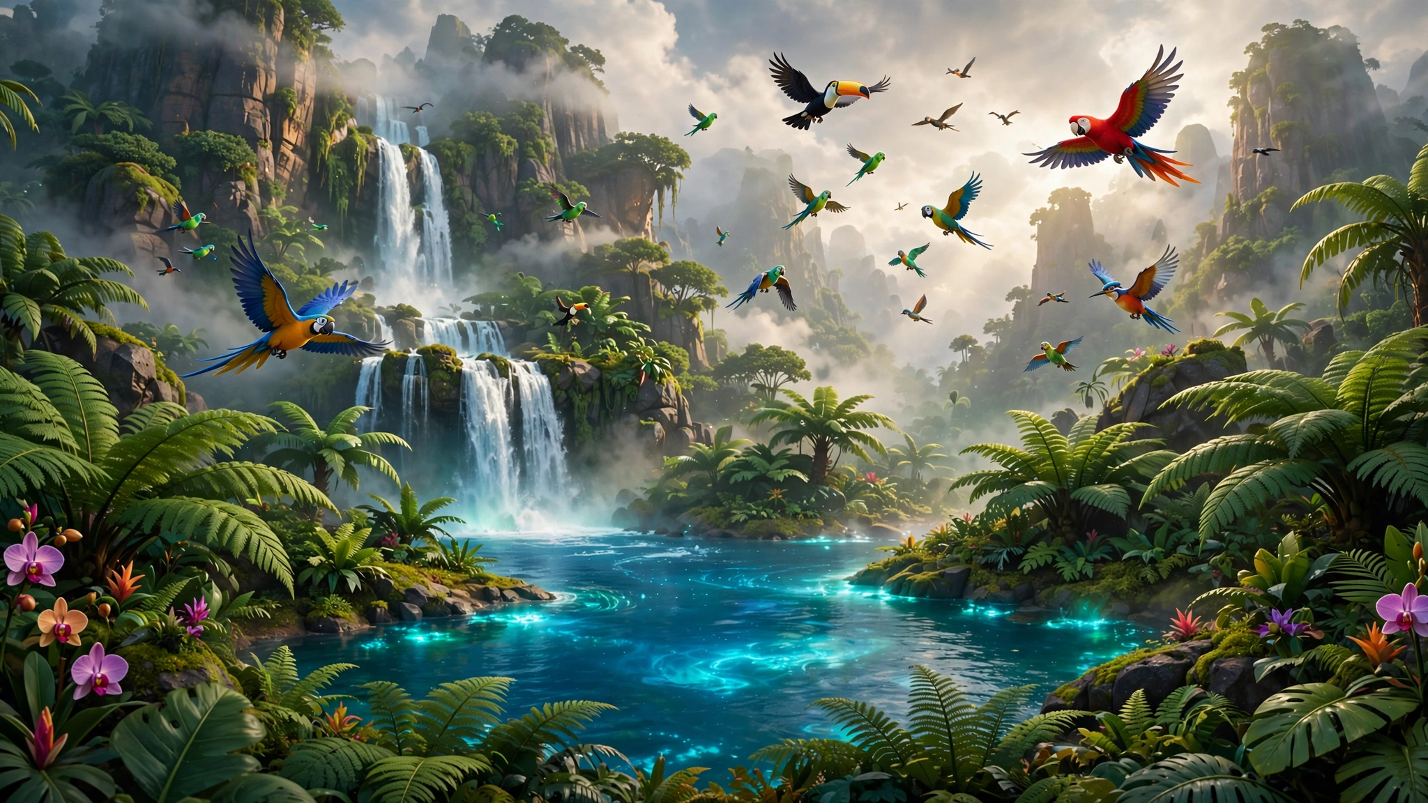Animated fantasy island adventure scene with waterfall evoking the Forgotten Island box office film